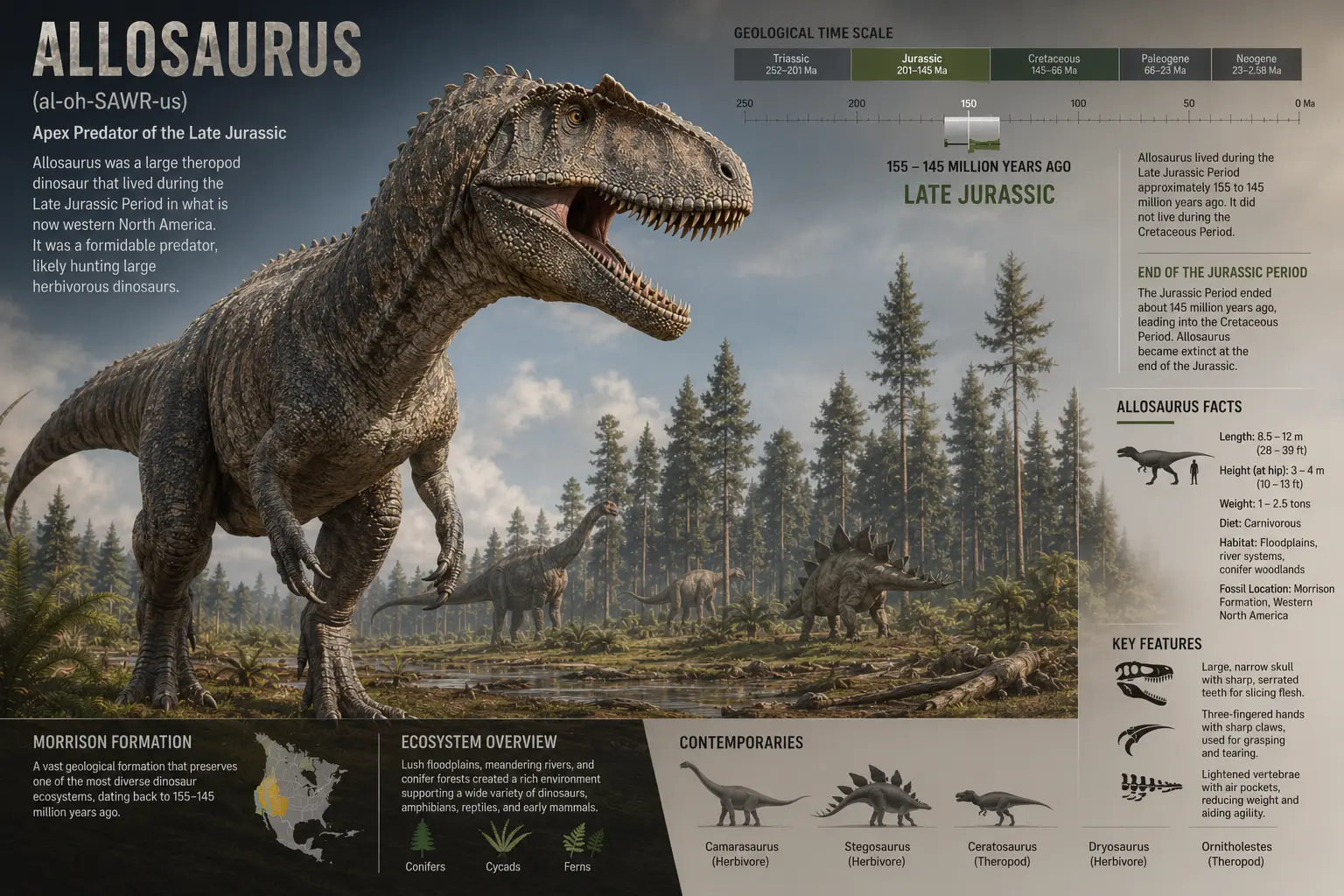 Scientifically accurate Allosaurus educational infographic showing the Late Jurassic predator in the Morrison Formation ecosystem with geological timeline and dinosaur facts