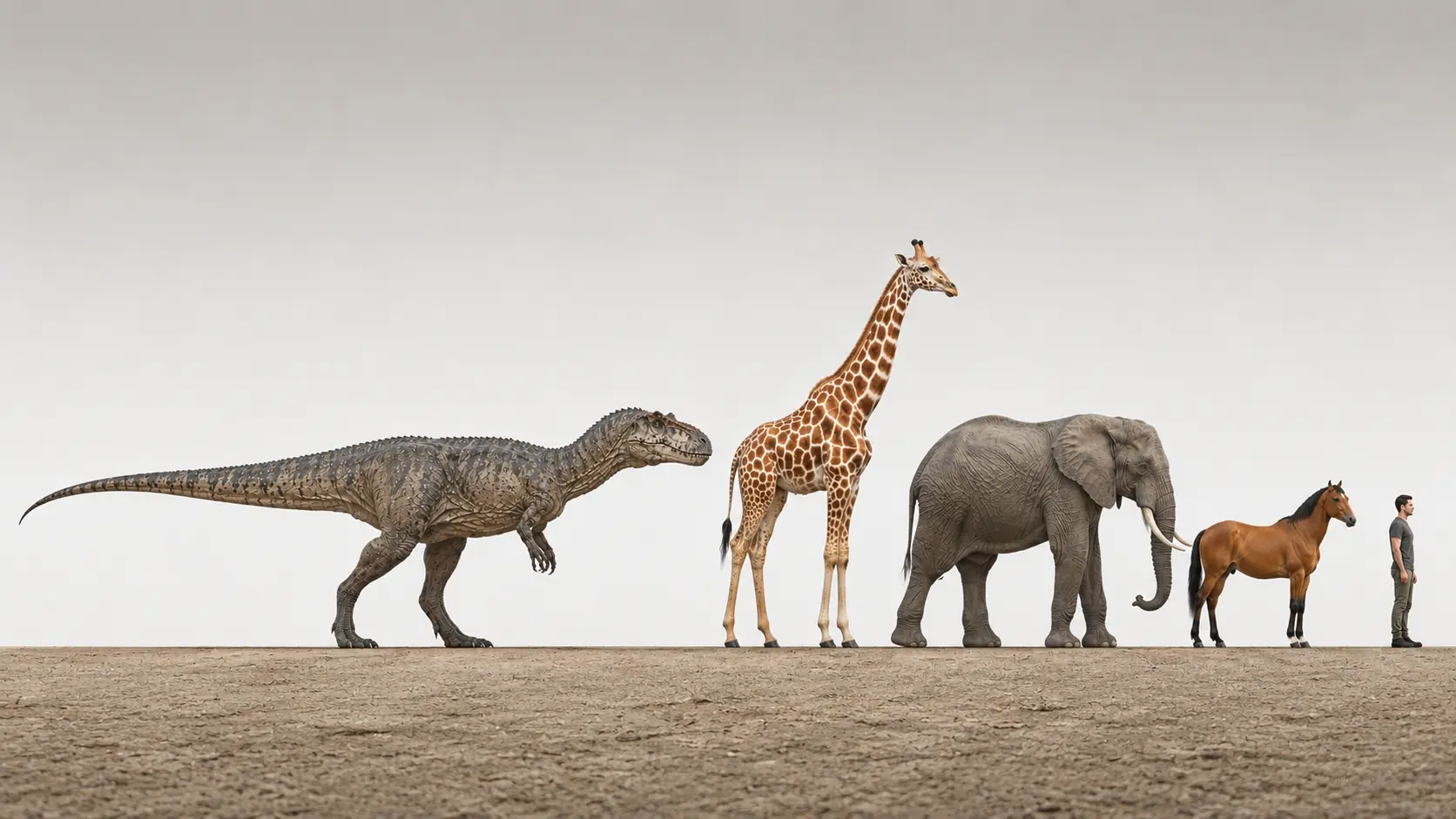 Allosaurus size comparison with a giraffe, elephant, horse, and human