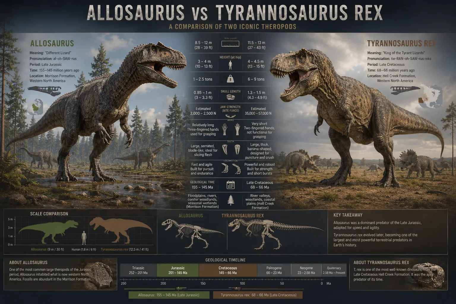Educational infographic comparing Allosaurus and Tyrannosaurus rex showing size, anatomy, bite force, skeletal structure, geological timeline, and key evolutionary differences