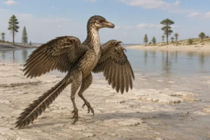 Reconstruction of Archaeopteryx showing its clawed wing digits, a primitive feature that may have aided grasping or climbing in early bird evolution.