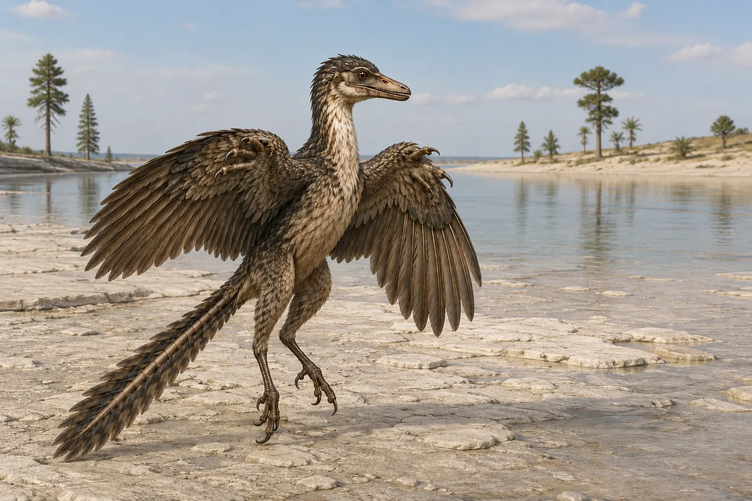 Reconstruction of Archaeopteryx showing its clawed wing digits, a primitive feature that may have aided grasping or climbing in early bird evolution.