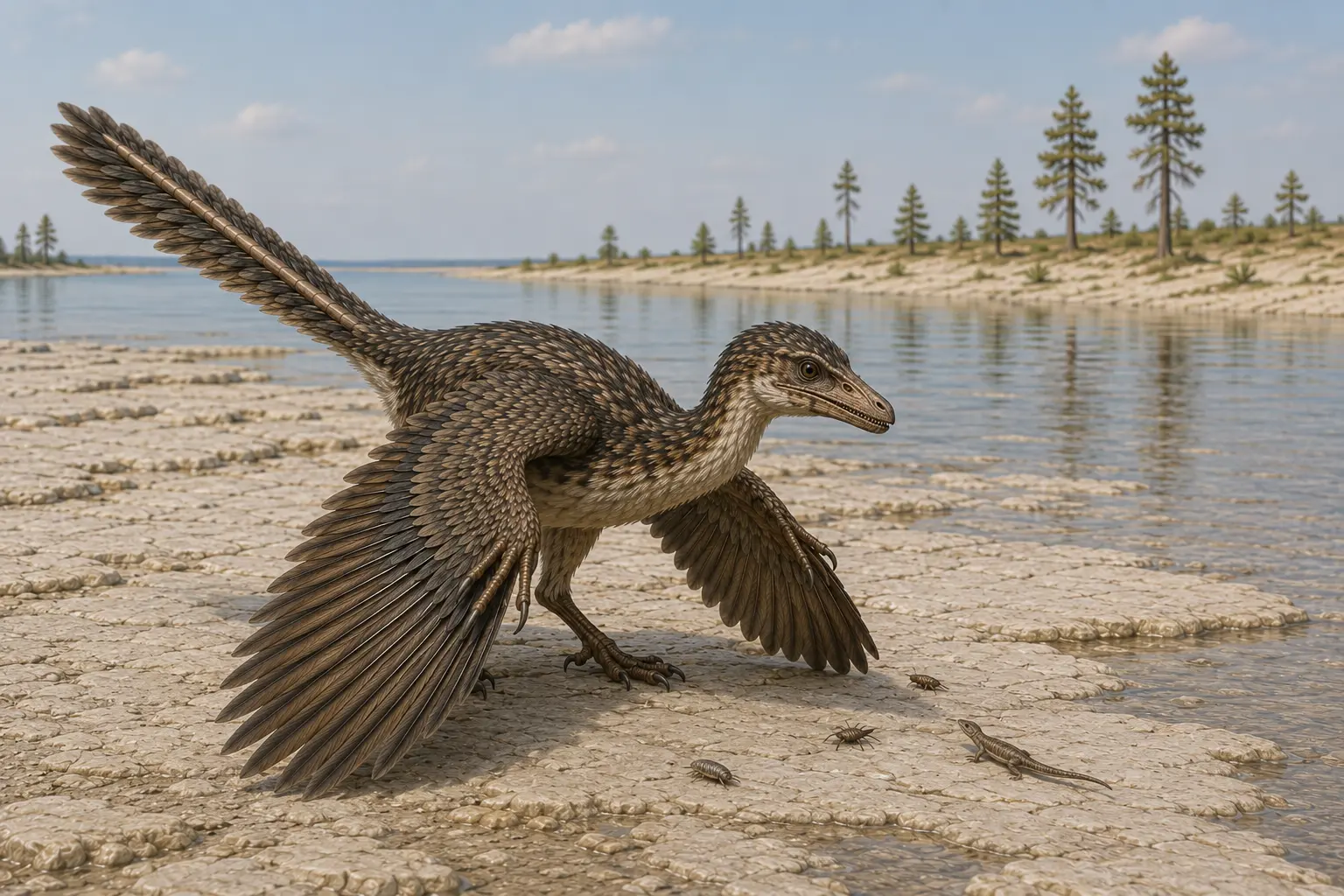 Reconstruction of Archaeopteryx foraging on a Jurassic lagoon shoreline, illustrating possible prey such as arthropods and small vertebrates.