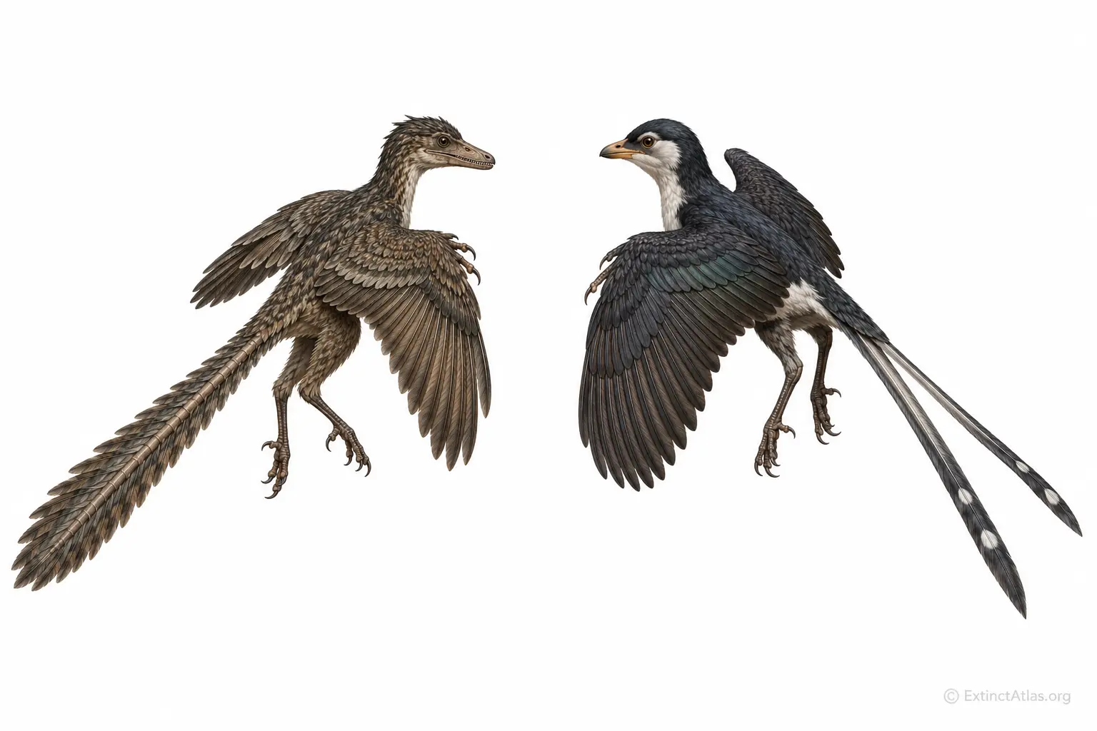 Comparison of Archaeopteryx and Confuciusornis showing two stages of early bird evolution, from toothed long-tailed avialans to beaked pygostylians.