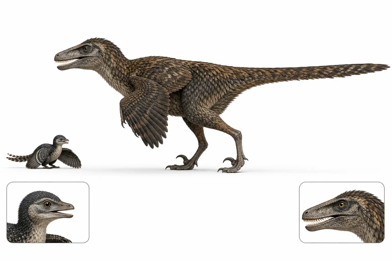 Size comparison of Archaeopteryx and Deinonychus showing small feathered Archaeopteryx next to much larger Deinonychus with visible sickle claw and longer body proportions