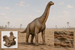 Photorealistic Brachiosaurus in a Late Jurassic landscape with fossil and geological strata insets representing its age, period, and extinction