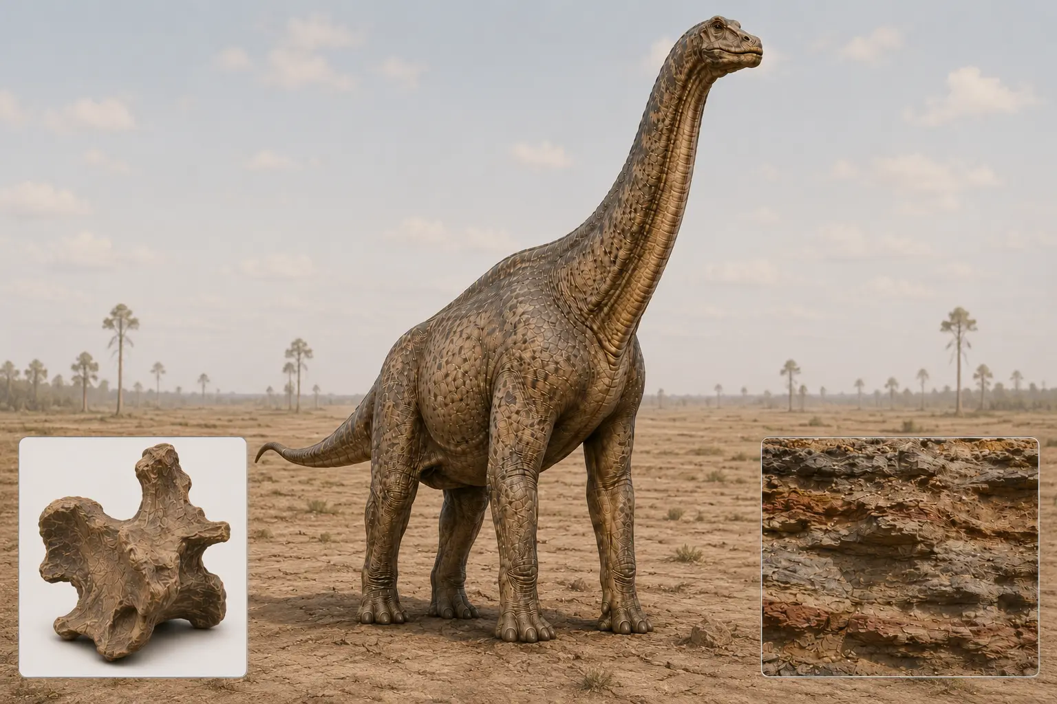 Photorealistic Brachiosaurus in a Late Jurassic landscape with fossil and geological strata insets representing its age, period, and extinction