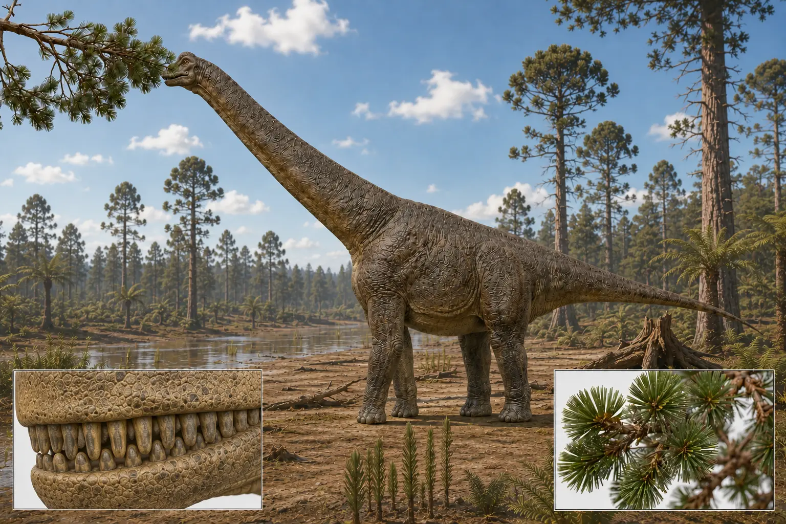 Brachiosaurus feeding on conifer foliage in the Late Jurassic Morrison Formation showing its herbivorous diet and feeding ecology