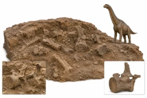 Photorealistic illustration of Brachiosaurus fossil discovery showing partial quarry remains and reconstructed dinosaur comparison