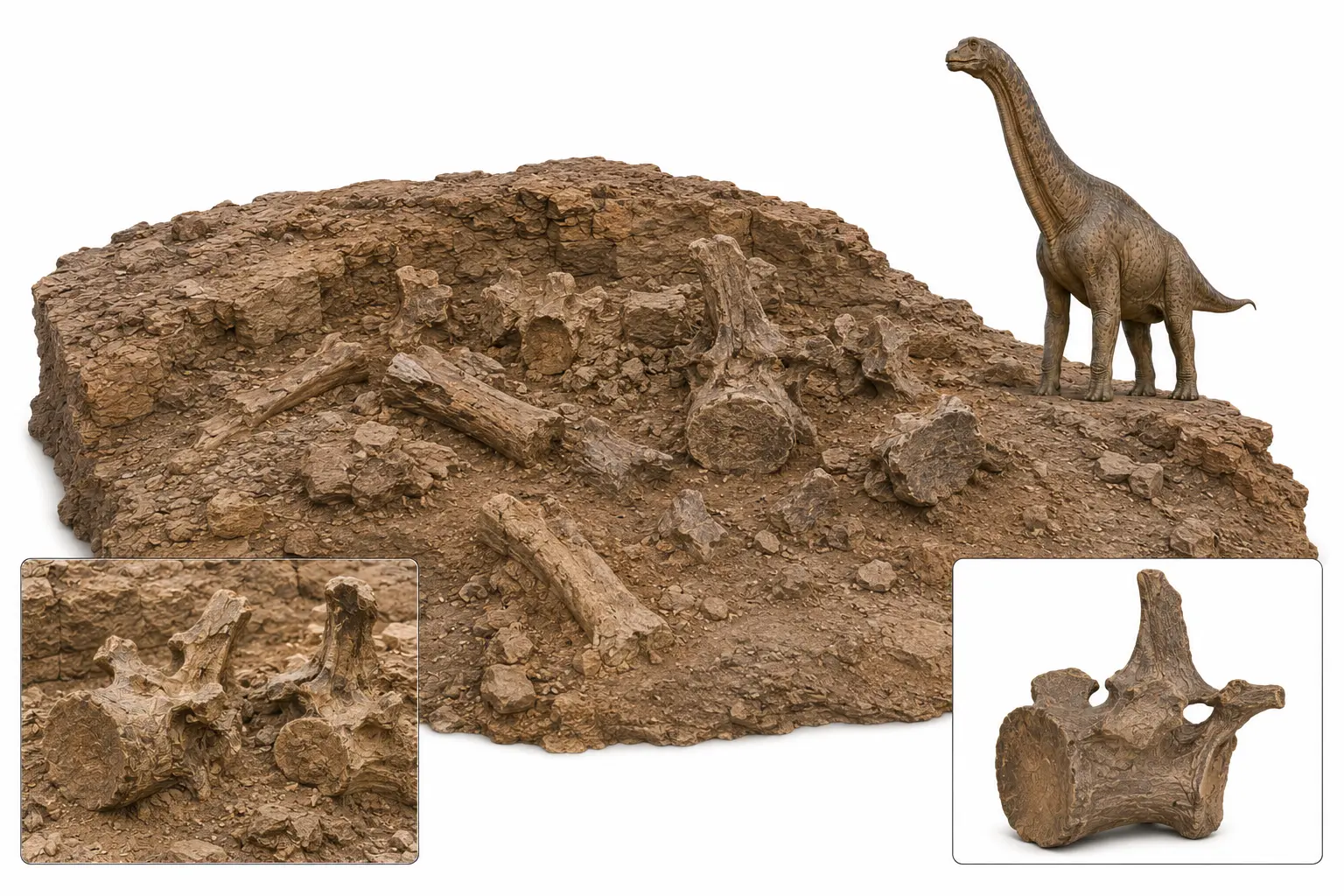 Photorealistic illustration of Brachiosaurus fossil discovery showing partial quarry remains and reconstructed dinosaur comparison