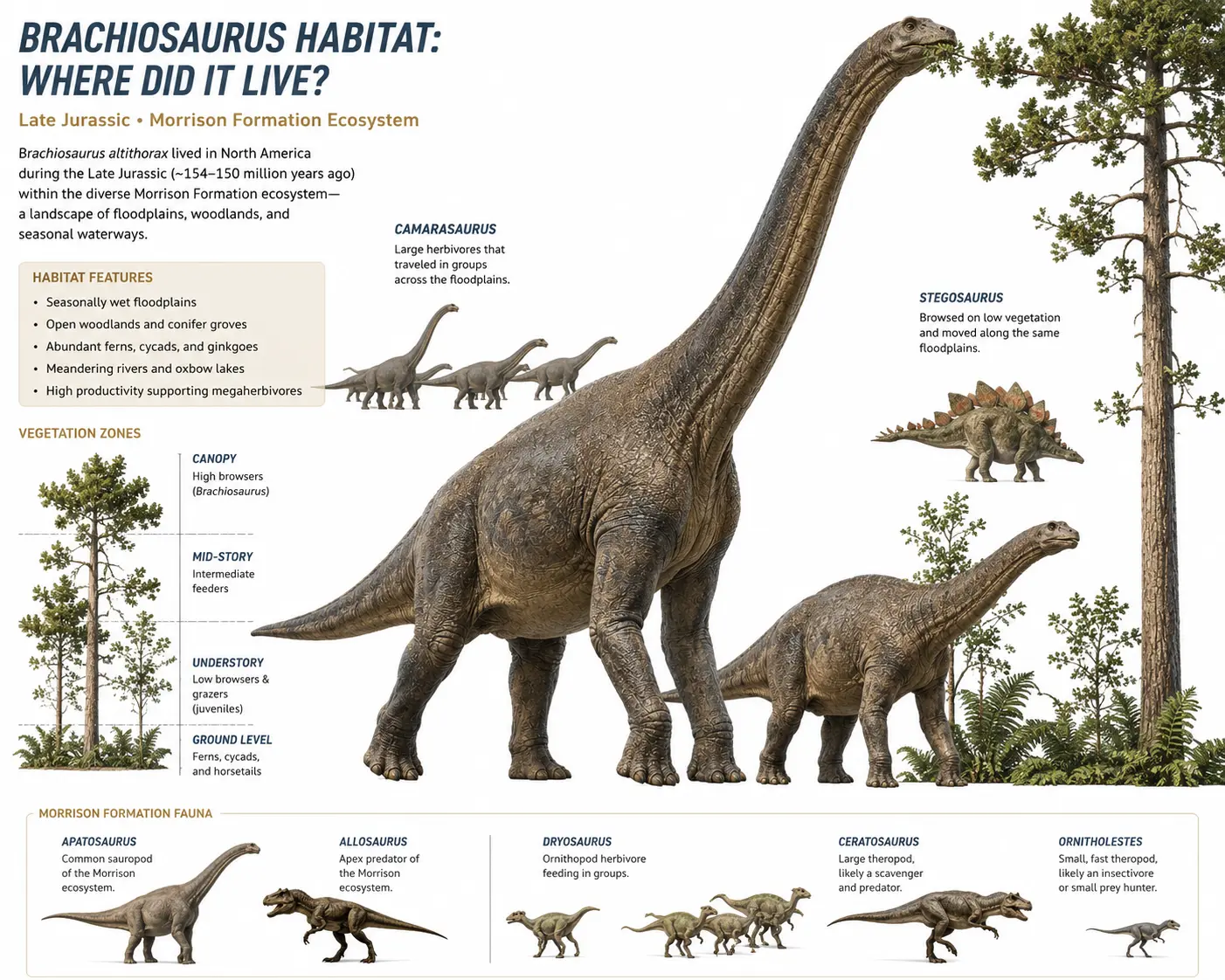 Habitat infographic showing Brachiosaurus altithorax in the Late Jurassic Morrison Formation, with an adult browsing high conifer foliage, a younger individual feeding below, and contemporary dinosaurs including Camarasaurus and Stegosaurus within a woodland floodplain ecosystem.