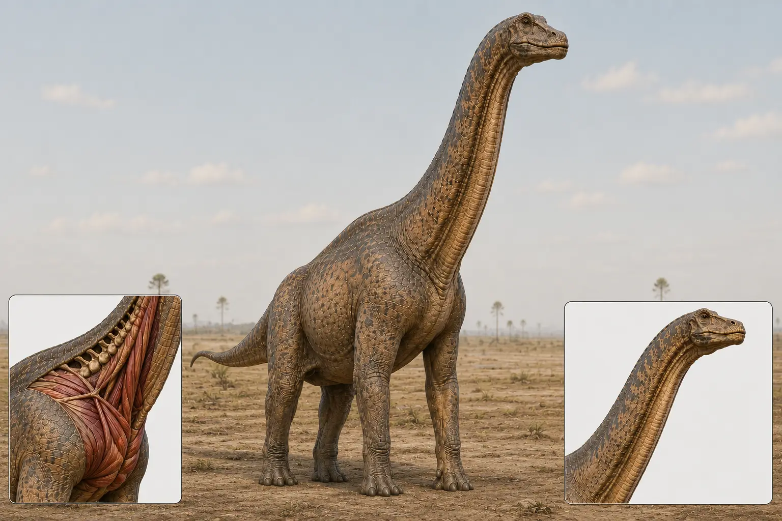 Photorealistic Brachiosaurus neck anatomy illustration showing posture, cervical musculature, and high-browsing feeding function