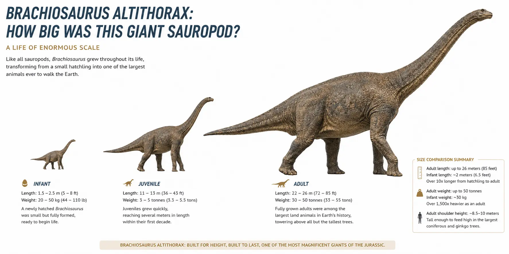 Size comparison infographic showing infant, juvenile, and adult Brachiosaurus altithorax at accurate scale, illustrating growth from a small hatchling to a giant sauropod over 26 meters long.