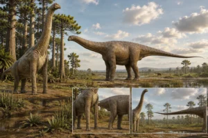 Brachiosaurus and Apatosaurus compared in a Late Jurassic Morrison Formation landscape, highlighting differences in shoulder height, forelimb proportions, neck posture, and tail length between the two giant sauropods.