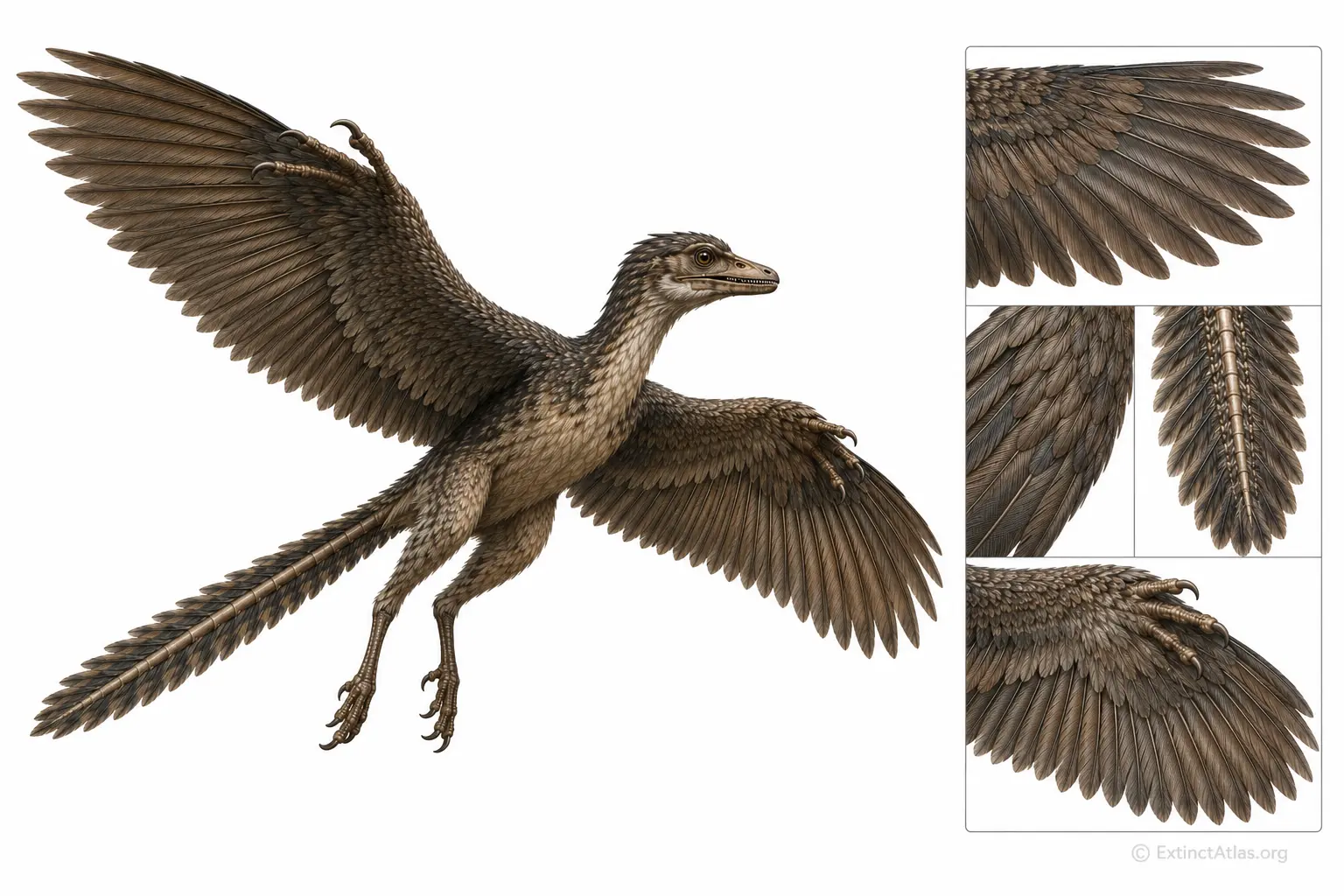 Anatomical reconstruction of Archaeopteryx highlighting wing feathers, tail structure, and clawed forelimbs as evidence in the debate over early bird flight.