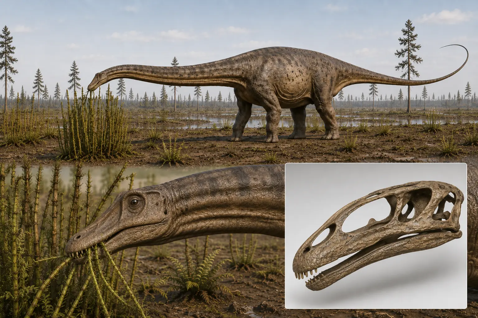 Diplodocus feeding reconstruction showing low browsing behavior, peg-toothed muzzle anatomy, and skull structure in a Late Jurassic habitat