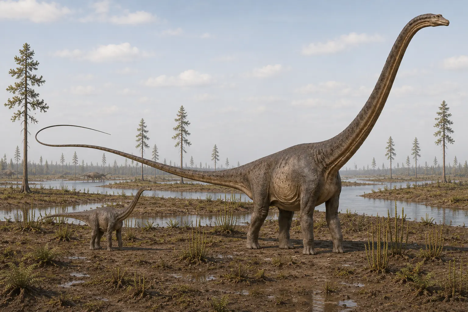 Adult and juvenile Diplodocus in a Late Jurassic Morrison Formation floodplain showing the dinosaur’s natural habitat