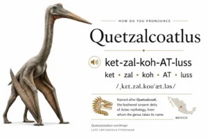 How to pronounce Quetzalcoatlus infographic showing phonetic spelling, IPA pronunciation, etymology, and scientific reconstruction of the giant pterosaur