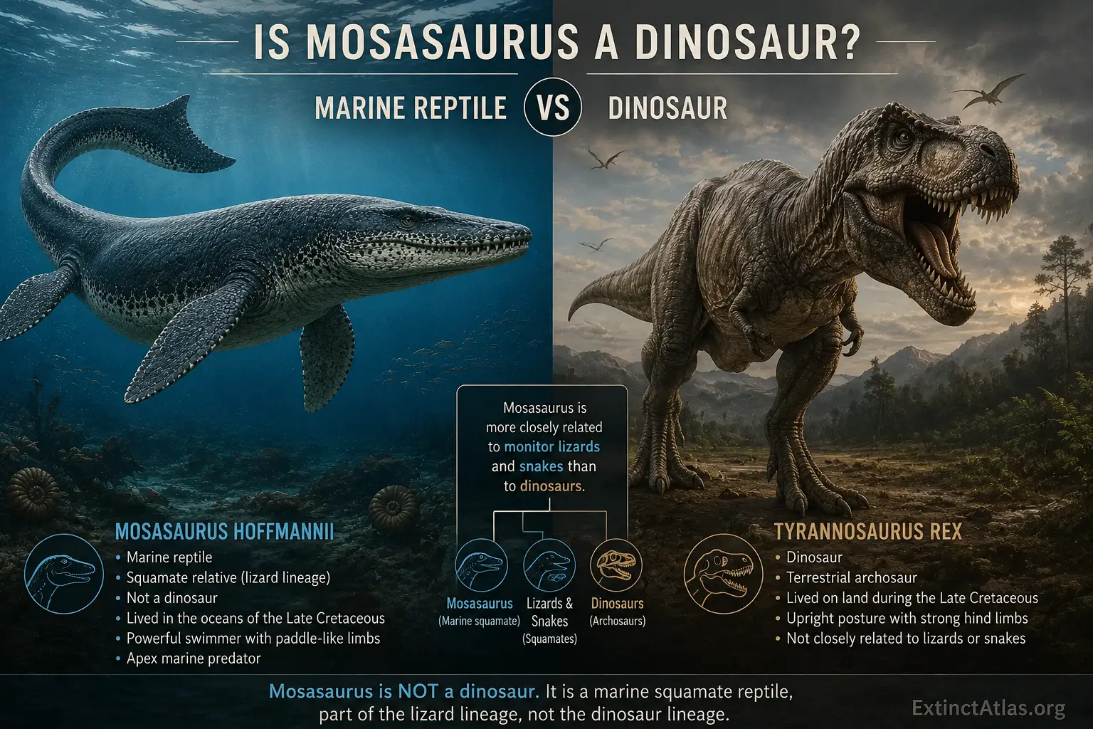 Scientifically accurate comparison showing Mosasaurus hoffmannii as a marine reptile, not a dinosaur, beside Tyrannosaurus rex