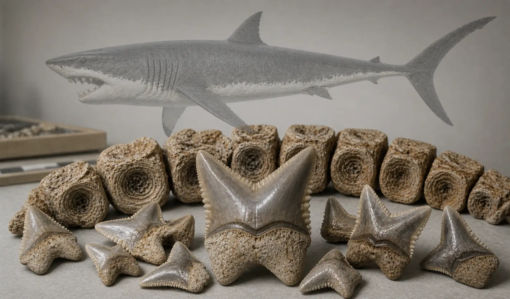 Megalodon fossil discovery showing serrated teeth and vertebral centra with a faint reconstructed Otodus megalodon illustrating how scientists identified the giant shark