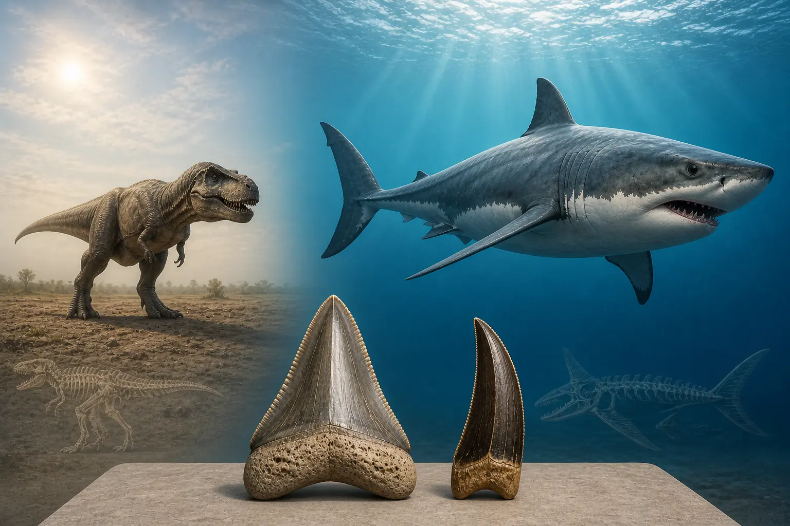 Comparison showing Otodus megalodon as a shark and not a dinosaur with side by side environments and tooth differences including a bourlette in megalodon teeth
