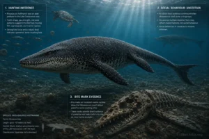 Scientific infographic illustrating inferred Mosasaurus hoffmannii behaviour in Late Cretaceous seas, showing hunting evidence, uncertain social behaviour, and fossil bite-mark evidence for this giant marine squamate reptile.