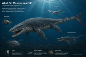 Scientific infographic showing Mosasaurus hoffmannii and its likely prey, including fish, ammonites, seabirds, and juvenile marine reptiles, with an anatomically accurate crescent-shaped tail fluke.
