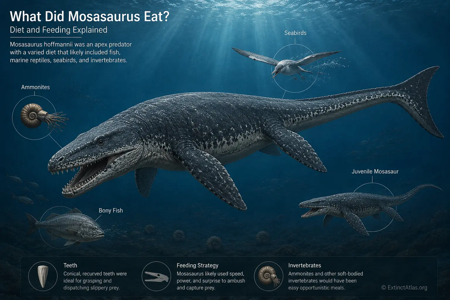 Scientific infographic showing Mosasaurus hoffmannii and its likely prey, including fish, ammonites, seabirds, and juvenile marine reptiles, with an anatomically accurate crescent-shaped tail fluke.