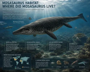 Educational paleoart infographic showing Mosasaurus hoffmannii swimming in warm shallow Late Cretaceous seas, explaining its marine habitat, geographic distribution, and ecosystem.