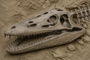 Museum-style paleoart skeletal reconstruction of a Mosasaurus hoffmannii skull fossil showing detailed marine squamate anatomy, recurved conical teeth, and realistic osteological features embedded in sediment.
