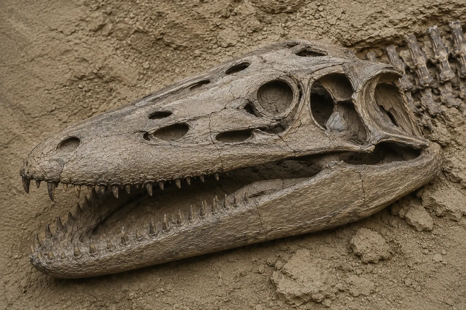 Museum-style paleoart skeletal reconstruction of a Mosasaurus hoffmannii skull fossil showing detailed marine squamate anatomy, recurved conical teeth, and realistic osteological features embedded in sediment.