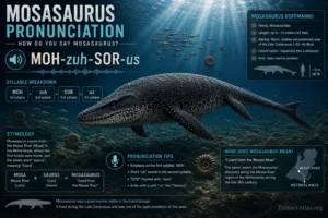 Educational infographic explaining how to pronounce Mosasaurus, featuring an anatomically informed reconstruction of Mosasaurus hoffmannii with phonetic spelling, etymology, and scientific facts.