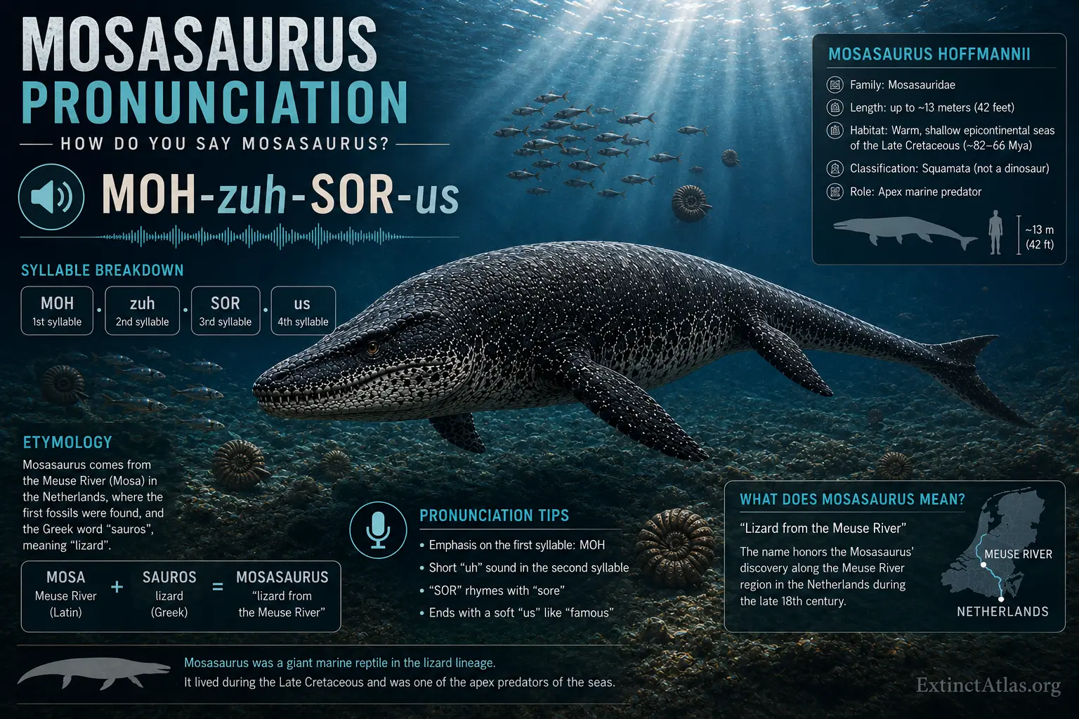 Educational infographic explaining how to pronounce Mosasaurus, featuring an anatomically informed reconstruction of Mosasaurus hoffmannii with phonetic spelling, etymology, and scientific facts.
