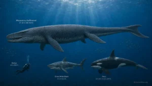 Scientific size comparison infographic showing Mosasaurus hoffmannii alongside a human diver, great white shark, and orca, illustrating the immense scale of this giant Late Cretaceous marine reptile with an anatomically accurate hypocercal tail.