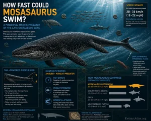 Scientific infographic showing estimated Mosasaurus hoffmannii swimming speed, depicting the marine reptile with an anatomically accurate asymmetric hypocercal tail fluke used for propulsion in Late Cretaceous seas.