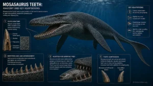 Scientific infographic showing Mosasaurus hoffmannii teeth anatomy and key feeding adaptations, including conical grasping teeth, jaw arrangement, prey-gripping function, and comparison with crocodilian teeth.