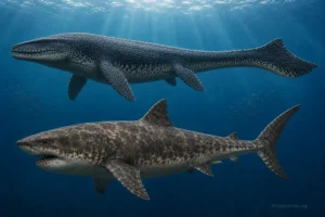Size comparison between Mosasaurus hoffmannii and Otodus megalodon in an underwater prehistoric marine reconstruction.