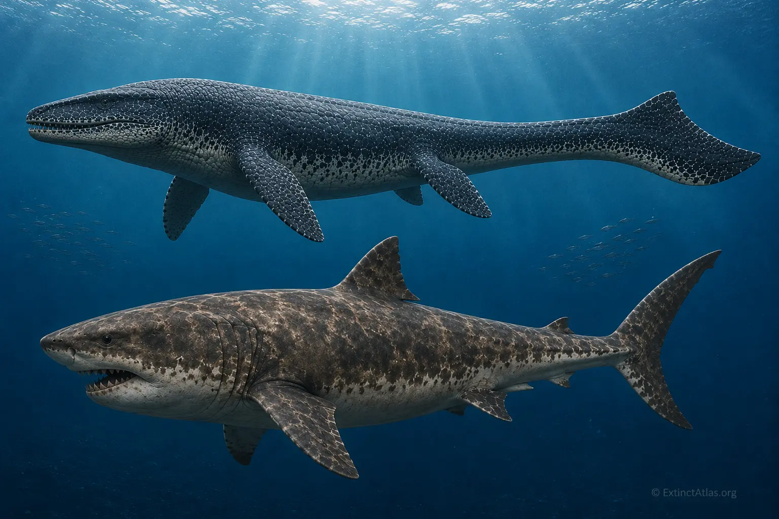 Size comparison between Mosasaurus hoffmannii and Otodus megalodon in an underwater prehistoric marine reconstruction.