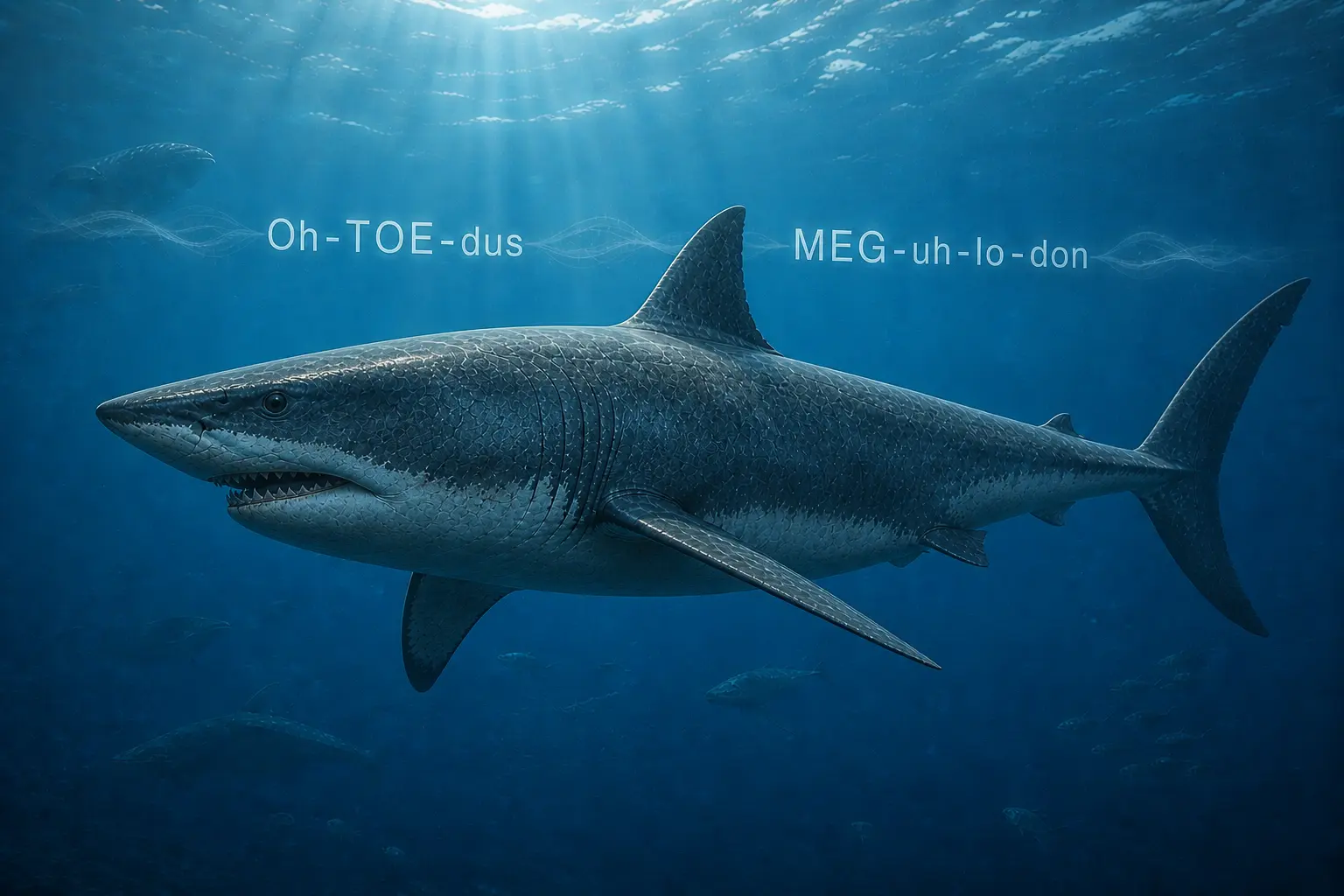 Otodus megalodon swimming in open ocean with pronunciation guide showing “Oh-TOE-dus” and “MEG-uh-lo-don” overlaid in soft underwater light