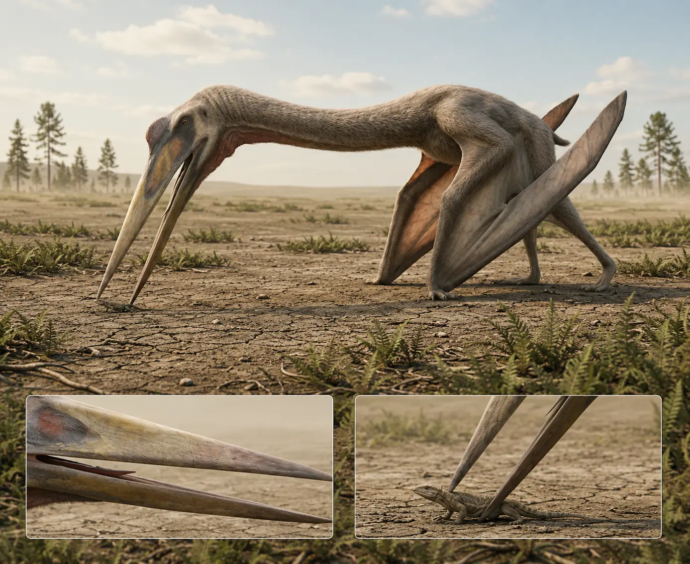 Photorealistic reconstruction of Quetzalcoatlus northropi stalking small terrestrial prey on an open Late Cretaceous floodplain, illustrating the giant azhdarchid pterosaur’s likely feeding behaviour