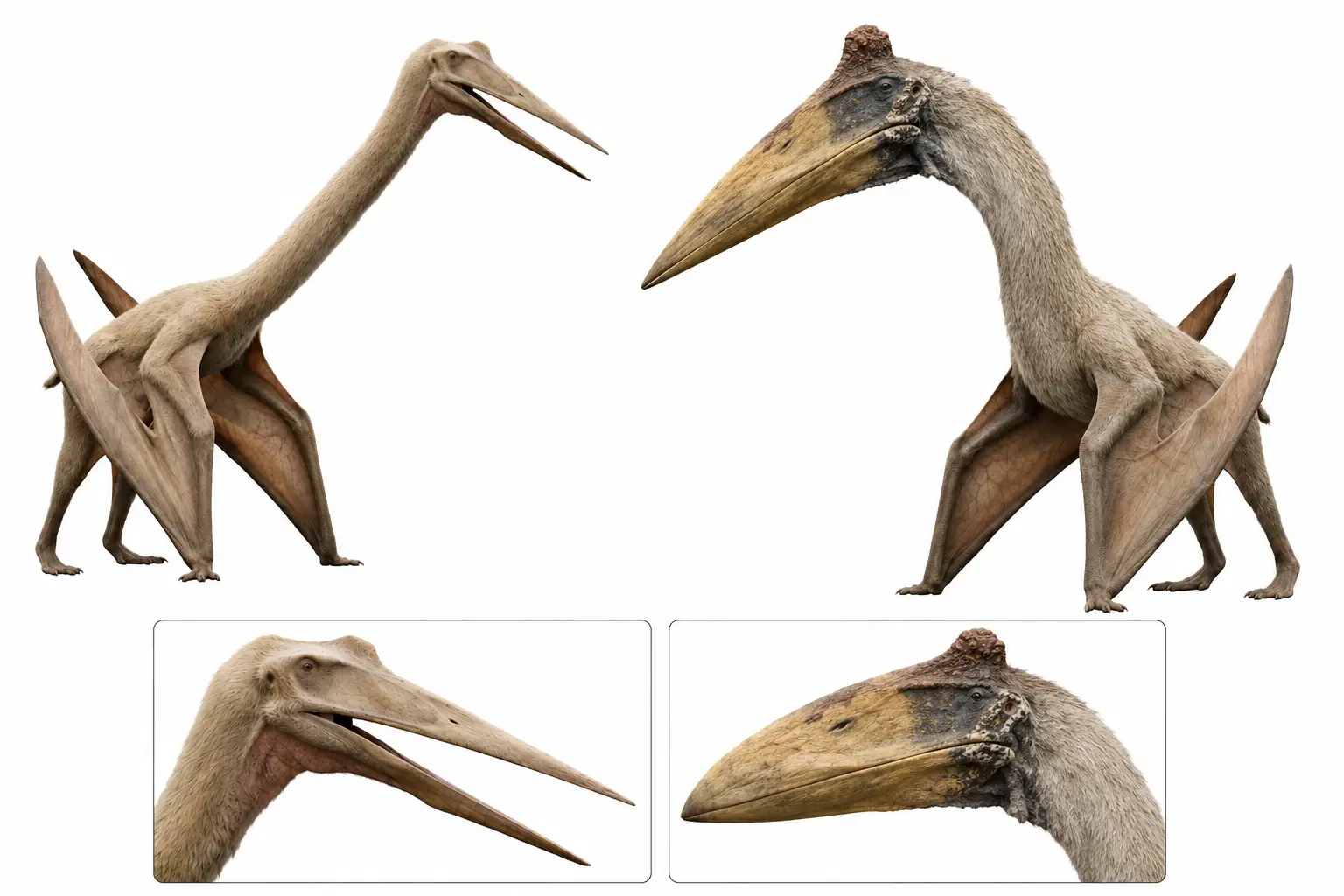 Side-by-side scientific comparison of Quetzalcoatlus northropi and Hatzegopteryx thambema showing differences in skull shape, neck proportions, and overall azhdarchid body build
