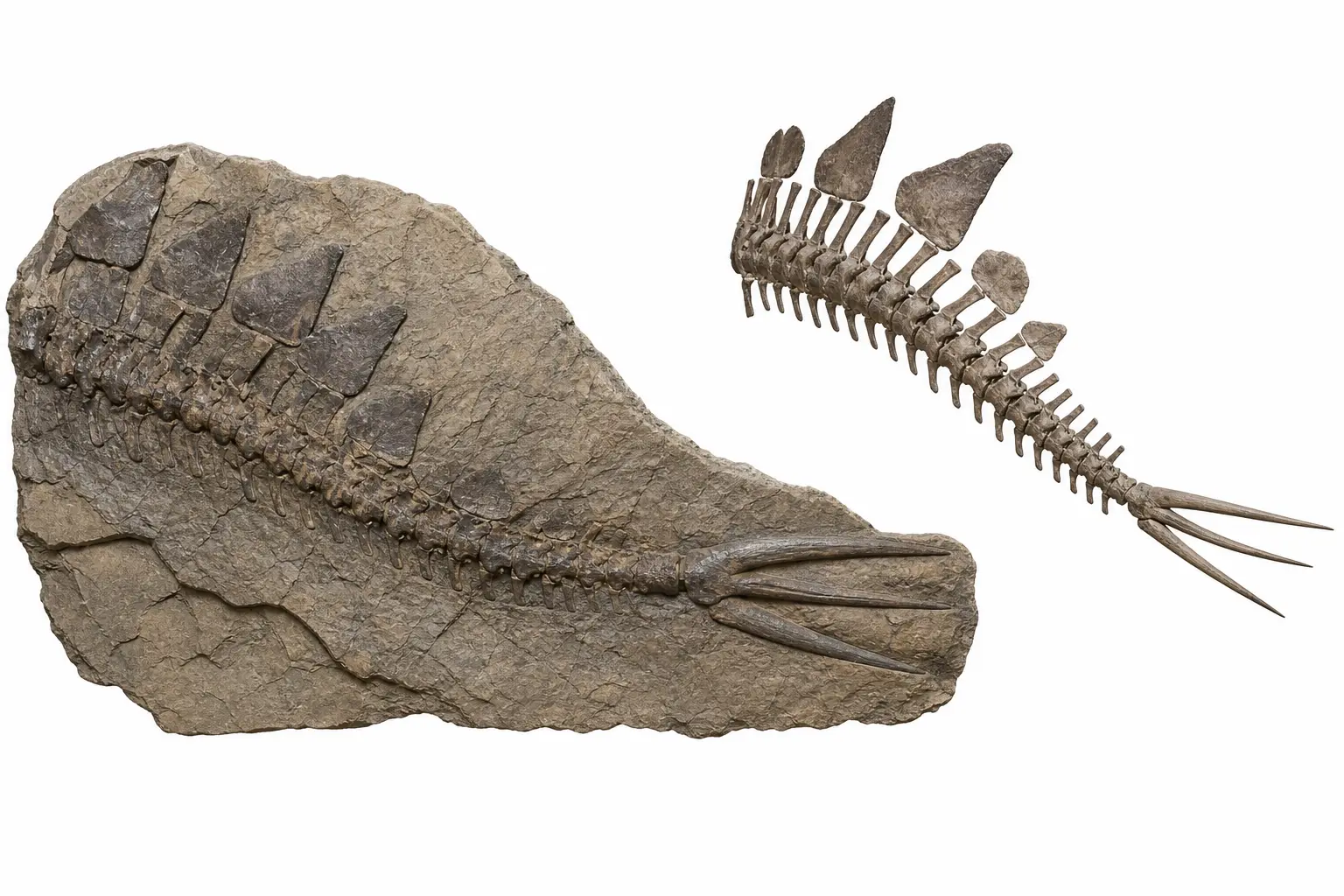 Stegosaurus stenops fossil slab showing dorsal plates and tail spikes alongside reconstructed tail skeleton with thagomizer