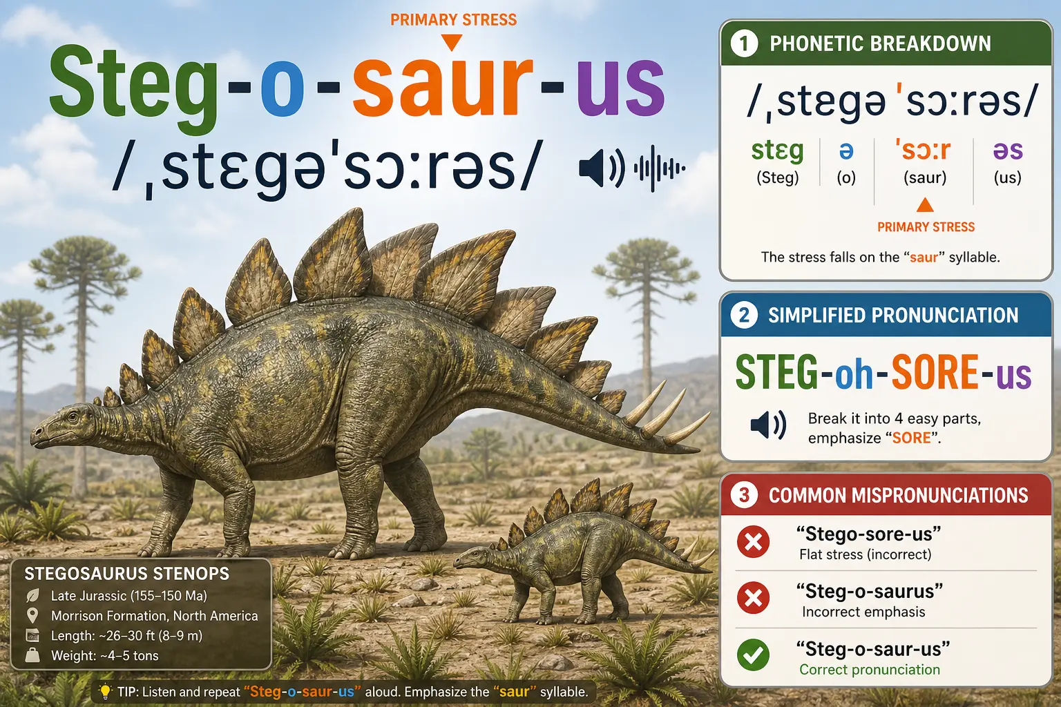 Stegosaurus pronunciation guide showing phonetic breakdown, syllable stress on “saur,” simplified pronunciation, and common mispronunciations with a Stegosaurus illustration in a Morrison Formation habitat