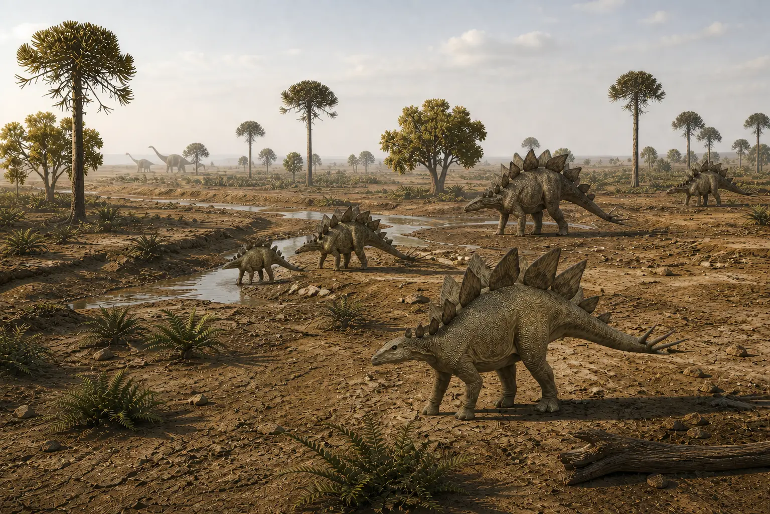 Stegosaurus stenops herd in a Late Jurassic Morrison Formation semi-arid floodplain with a midground juvenile near a shallow river, surrounded by sparse conifers, ginkgo trees, cycads, and distant adults in a dry open landscape