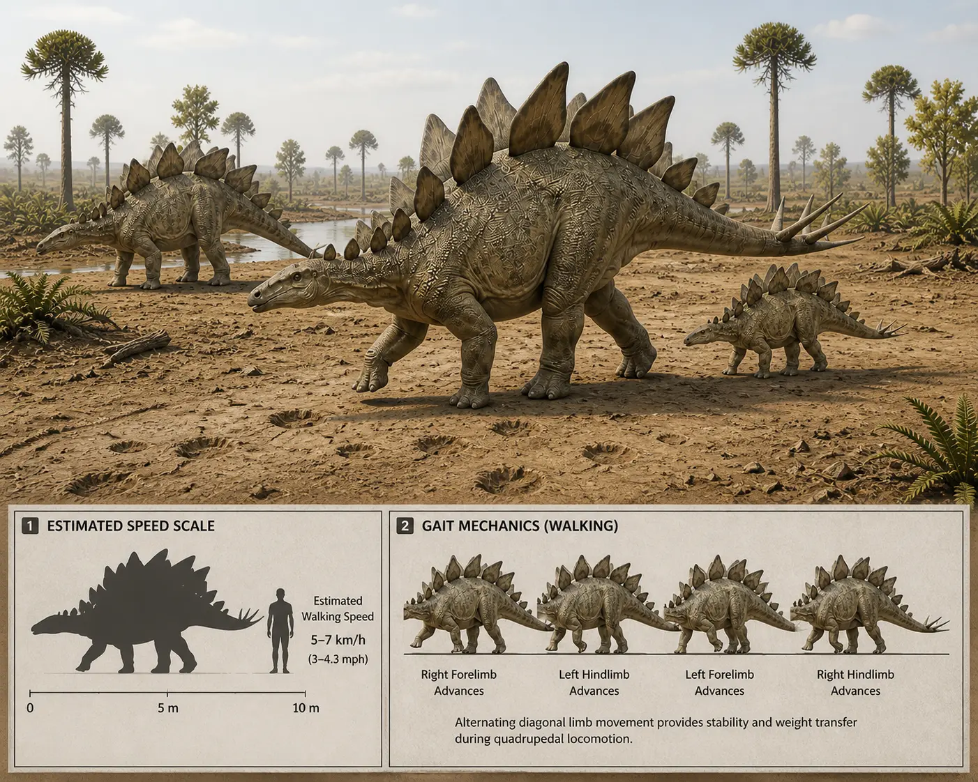Stegosaurus stenops walking gait in a Late Jurassic Morrison Formation floodplain showing mid-stride locomotion, juvenile stride comparison, footprint impressions, and inset diagrams of speed scale and quadrupedal gait mechanics