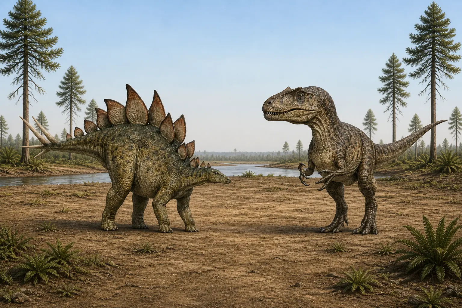 Photorealistic comparison of Stegosaurus stenops and Allosaurus fragilis facing each other on a Late Jurassic Morrison Formation floodplain, showing defensive tail spikes and upright theropod posture with clear spatial separation