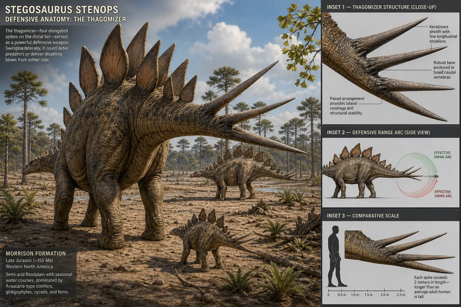 Stegosaurus stenops thagomizer showing four tail spikes in paired arrangement with defensive swing arc and comparative scale in Morrison Formation habitat