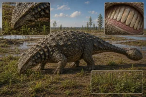Photorealistic educational composite showing the feeding ecology of Ankylosaurus magniventris. A full-body reconstruction feeds on low-growing floodplain vegetation while enlarged insets highlight plant browsing behavior, herbivorous teeth, and representative food plants from its Late Cretaceous environment.