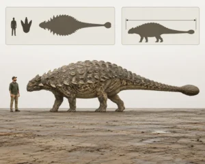 Photorealistic educational size comparison of Ankylosaurus magniventris shown in full lateral view beside an adult human for scale. The heavily armored dinosaur displays extensive dorsal osteoderms, a broad low skull, robust quadrupedal build, and a massive tail club. Two inset diagrams above show a top-down silhouette comparison and total body length profile, helping explain the animal's overall size, proportions, and scale relative to a human observer.