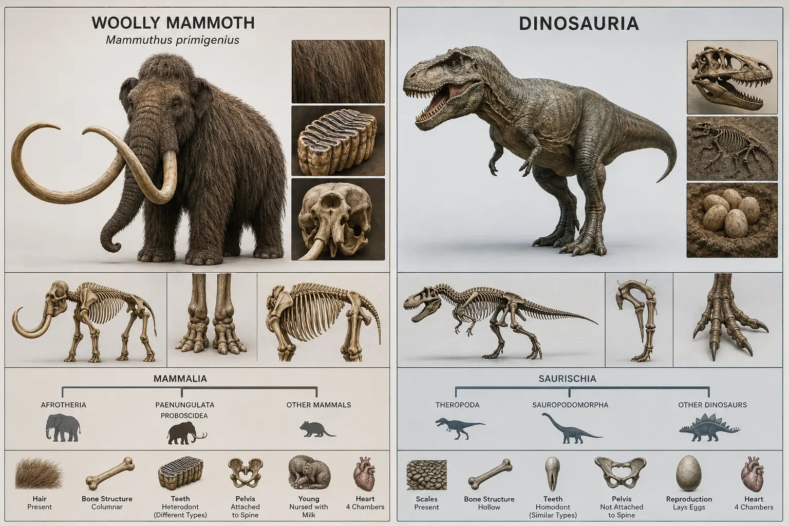 Educational comparison showing why the Woolly Mammoth is not a dinosaur. The left side presents a Woolly Mammoth within Mammalia, including hair, mammalian teeth, skull, skeleton, and nursing-young characteristics. The right side presents a dinosaur within Dinosauria, including dinosaur skulls, skeletons, scales, eggs, and limb anatomy. Side-by-side organization visually demonstrates that mammoths are mammals rather than dinosaurs.