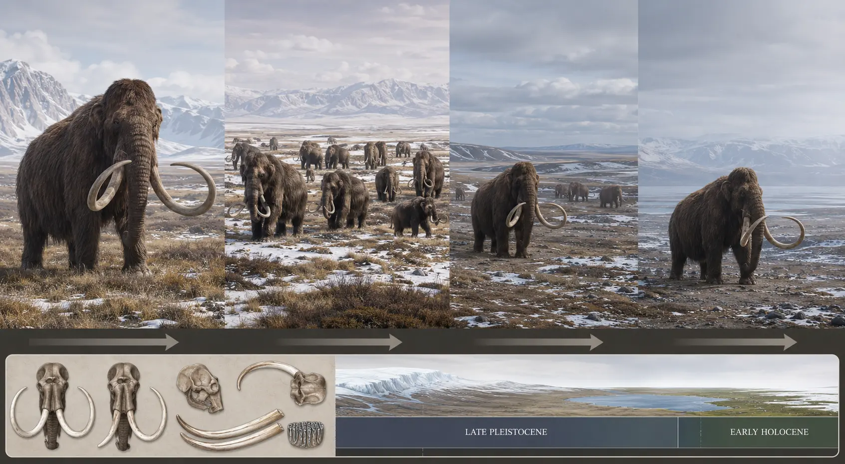 Educational timeline-style composite showing the Woolly Mammoth across the Late Pleistocene and Early Holocene. Multiple panels progress from large thriving mammoth populations in Ice Age steppe environments to smaller later populations and a final solitary mammoth. A geological timeline and environmental progression illustrate the passage of time, while anatomical reference specimens appear in supporting insets. The image teaches that Woolly Mammoths lived throughout the Late Ice Age and survived into the beginning of the Holocene.